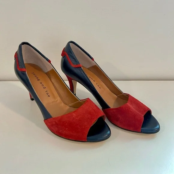 Young and Tae Blue & Red Peel Toe Heels - Picture 3 of 6
